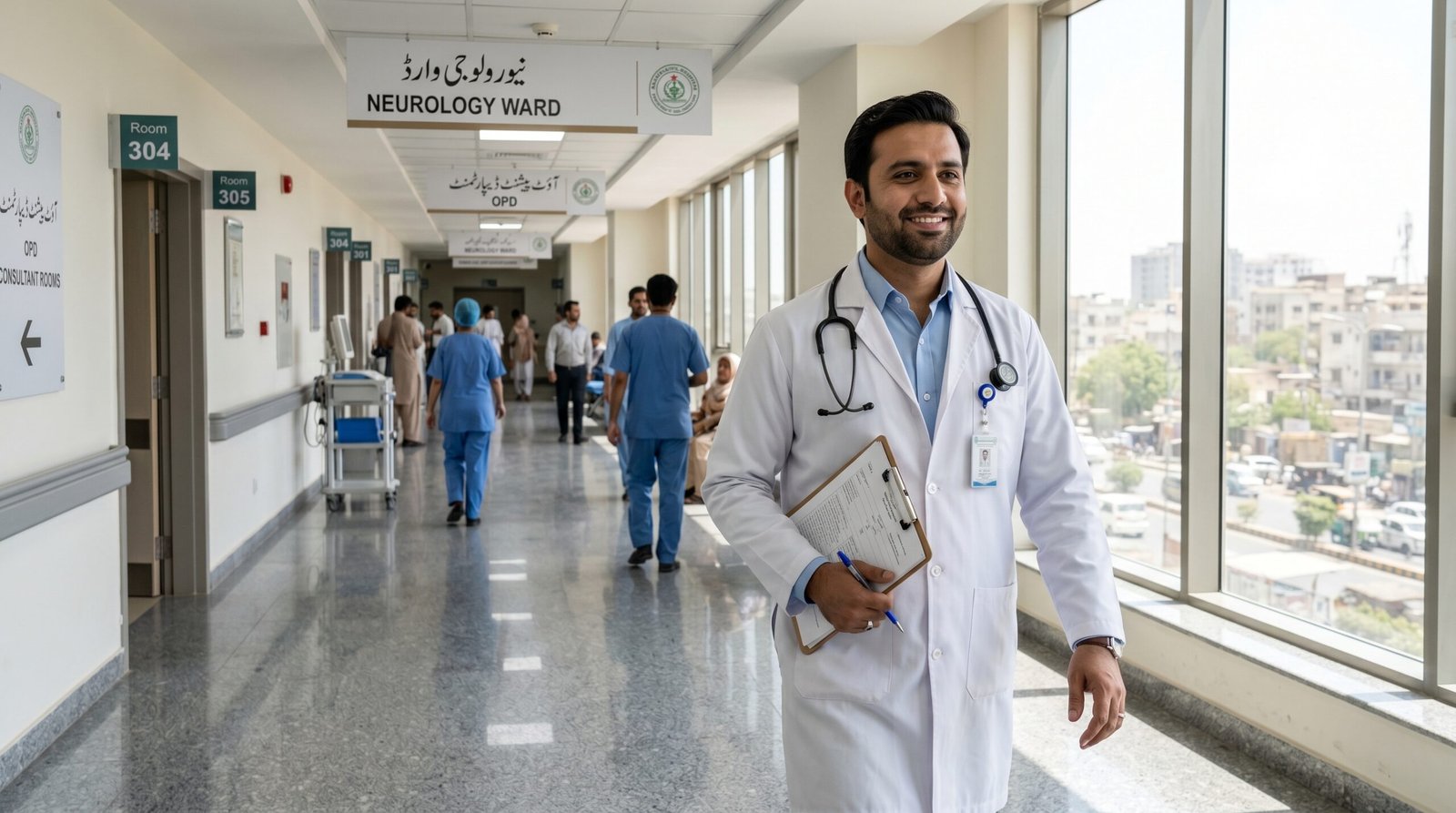 doctor walking down the corridor